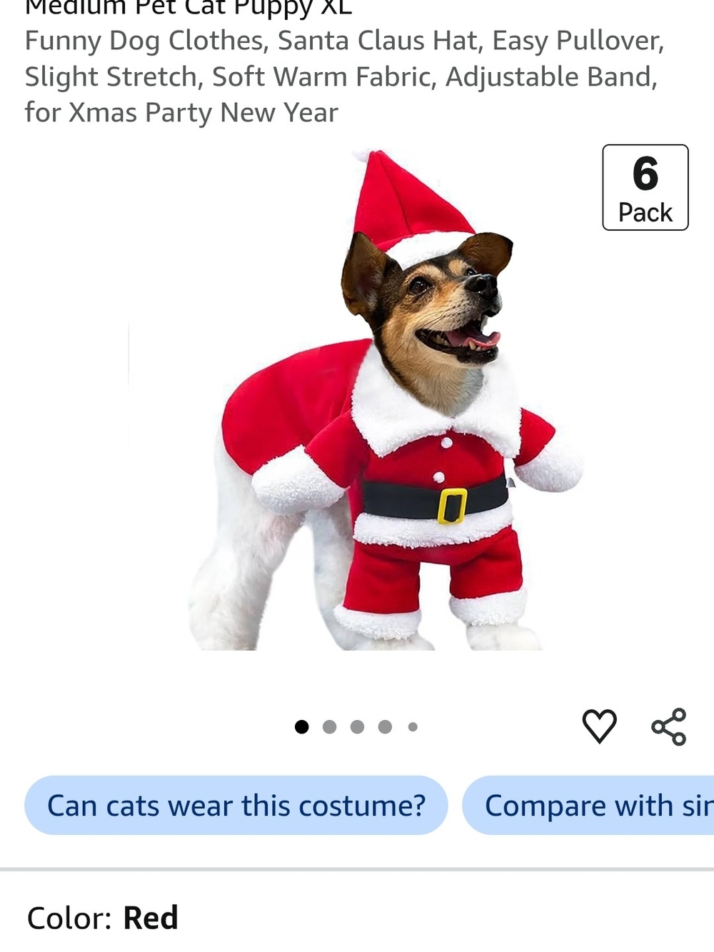 Amazon Red and White Santa Dog Costume with Black Belt